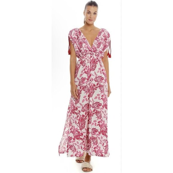 Cosita Linda Dress Pink Maxi Swim Coverup Floral Print VNeck Tassel - Picture 1 of 16